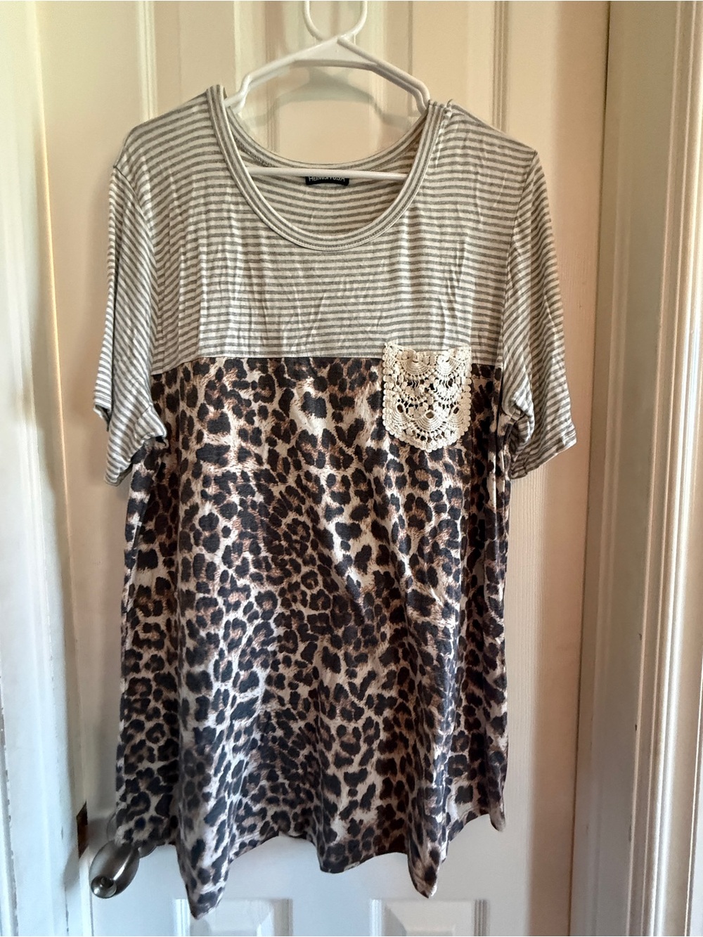 HEIMISH USA Gray Striped and Leopard-Print Short Sleeve Top with Lace Pocket